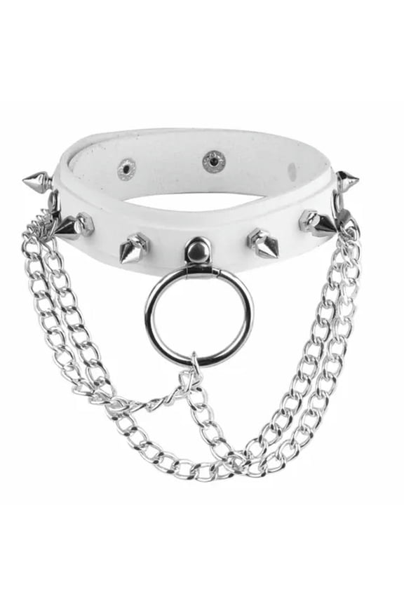Women's Punk Neck Strap Collar Chain Round O-Ring Pu Neck Collar Collar Chain-White