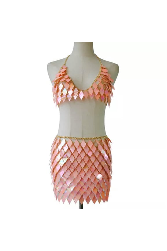 Women's Shiny Sequin Body Chain Waist Chain Sexy Necklace Body Dress Chain-Peach red-Skirt