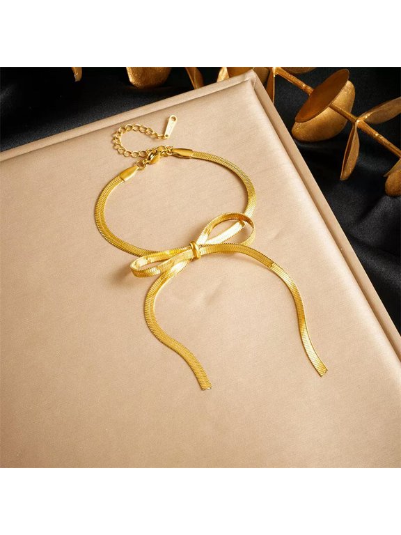 Womens 18K Gold Plated Stainless Steel Flat Snake Chain Bow Bracelet Bangle Gift