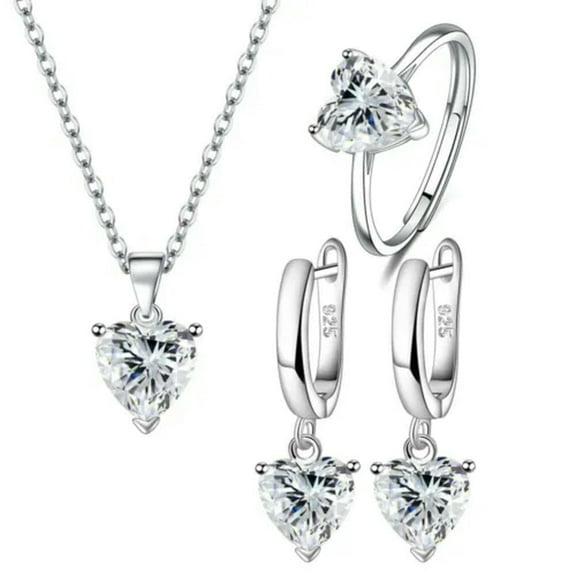 GKNET Womens 925 Silver Heart Zircon Necklace Earrings Rings Sets 5 Color-White