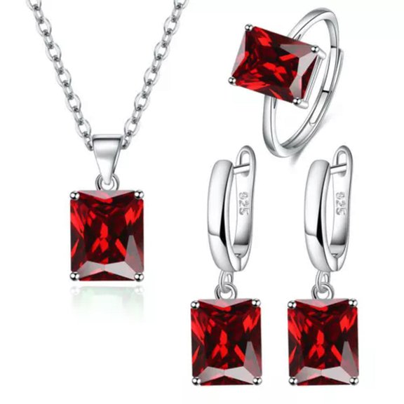 GKNET Womens 925 Sterling Silver Square Zircon Necklace Earrings Rings Sets Jewelry-Red