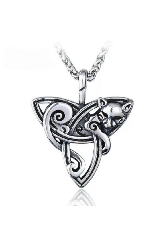 Womens Celtic Triquetra Trinity Knot Kitty Cat Pendant Necklace Chain Set