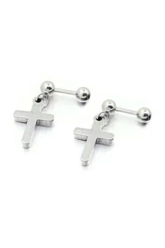Womens Surgical Steel Small Cross Drop Dangle Studs Earrings Silver Gold Black-Silver