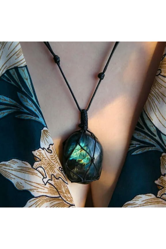 Wrap Women Mens Natural Stone Necklace Labradorite Pendant Crystal Moonstone