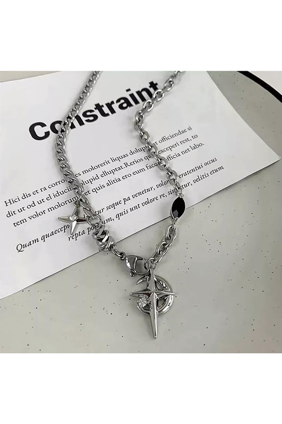 Y2K Cuban Figaro Chain Star Moon Pendant Necklace Punk Black Zircon Chain Ch WY4