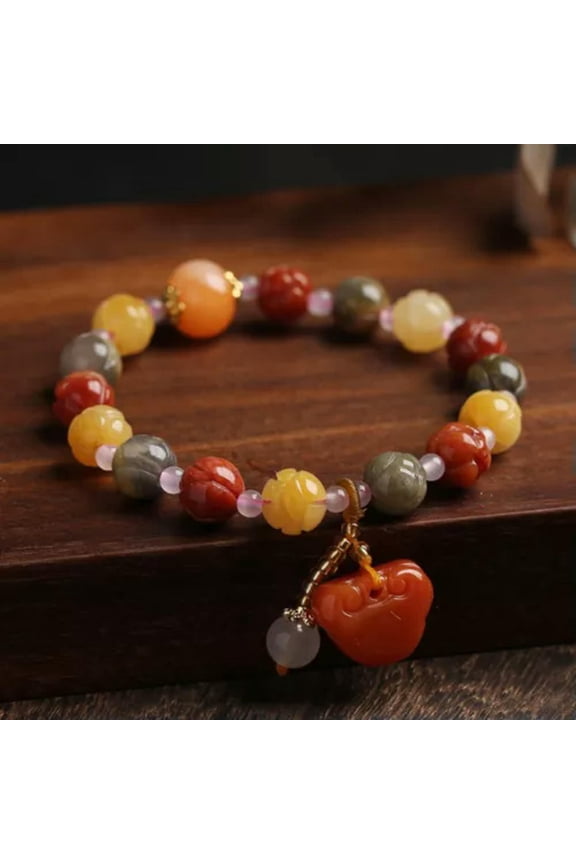 Yellow Silk Jade Lotus Flower Bead Ruyi Charm Women Bracelet / Multi-color Jade