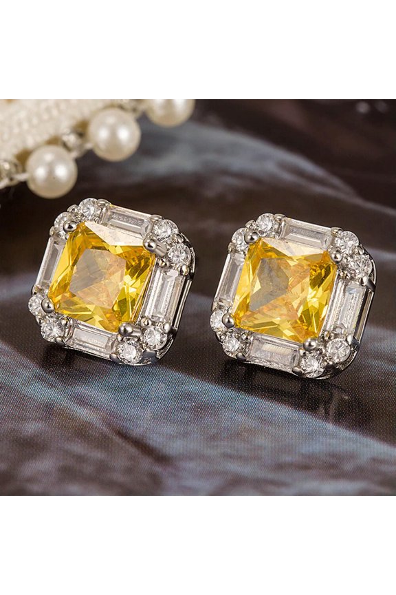Yellow Square Zircon Earrings 925 Silver Stud Earrings Womens Jewelry
