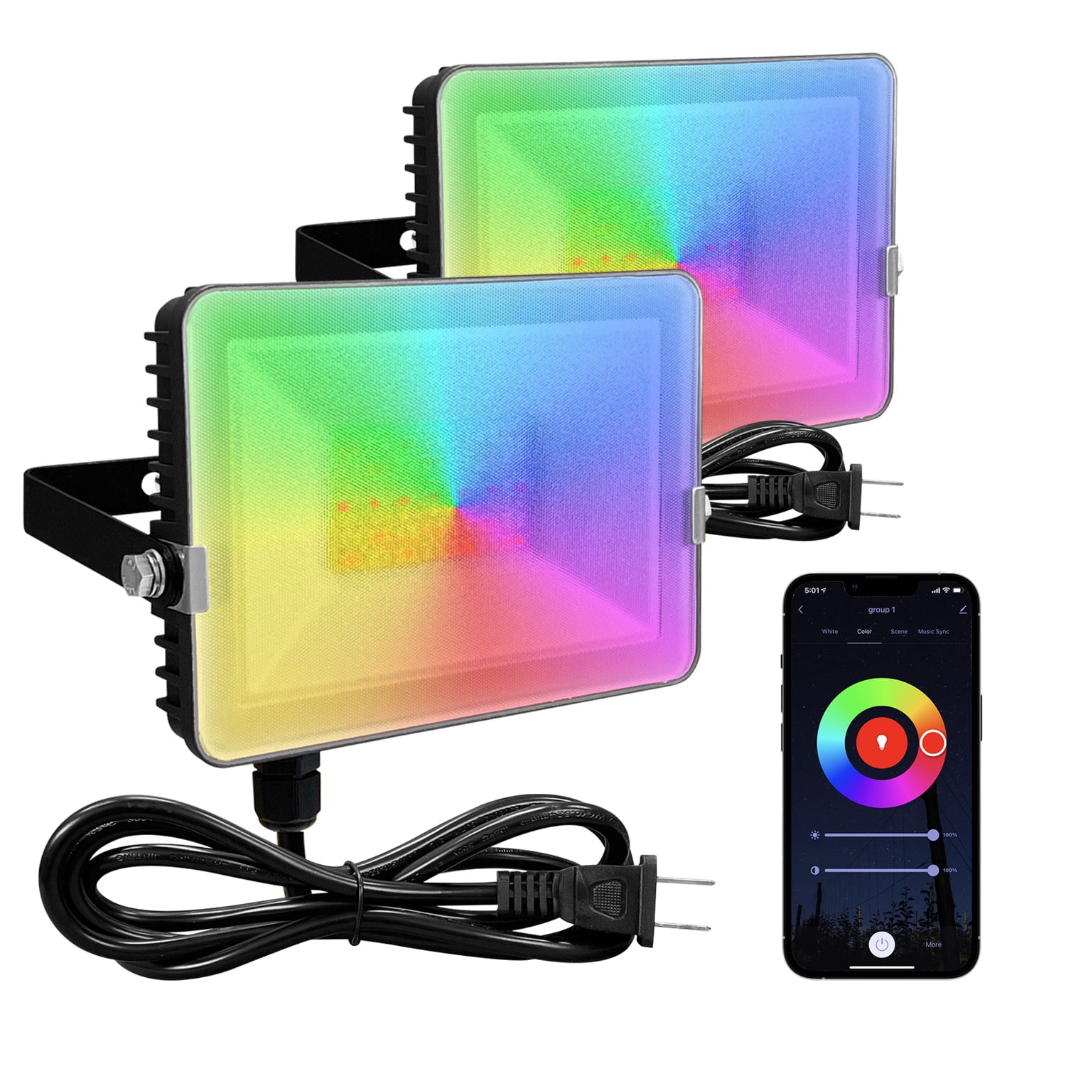 GKOplus 2-Pack RGB+CW LED Flood Light 160W Equivalent, WiFi & Bluetooth Smart Control Color Changing Stage Lights, Wall Washer Lights, Uplighting for Events, IP65 Waterproof for Outdoor Uses