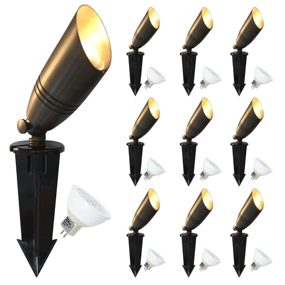 GKOplus UL Listed Solid Brass Landscape Spotlight, Low Voltage Outdoor Directional Uplight, with 5W MR16 LED Bulb & Large Rugged Slot Spike, 12V AC/DC Garden Patio Spot Up Light (10 Pack)