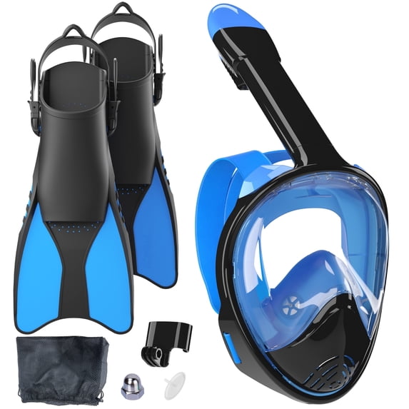 GKV Adults' 2-in-1 Snorkeling Gear – 180° Panoramic Anti-Fog Full Face Mask & Adjustable Fins, for Snorkeling/Scuba Diving