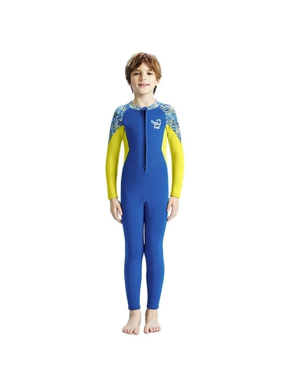 Kids Boys' 2.5mm Neoprene Thermal Wetsuit, Long Sleeve Full Body One-Piece Dive Suit, UPF 50+ Thickened Warm Swimsuit for Snorkeling, Swimming & Surfing