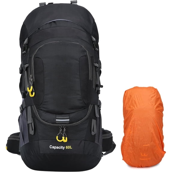 GKXLH Hiking Backpack for Men/Women, 60L Camping Backpack Travel Bag with Waterproof Rain Cover, Multi-Compartments, Adjustable Straps (Black)