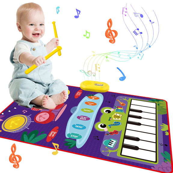 GKcity 2 in 1 Musical Toys Toddler Piano and Drum Mat Baby Playmat for 1-3 Year Old Boys and Girls with 2 Sticks