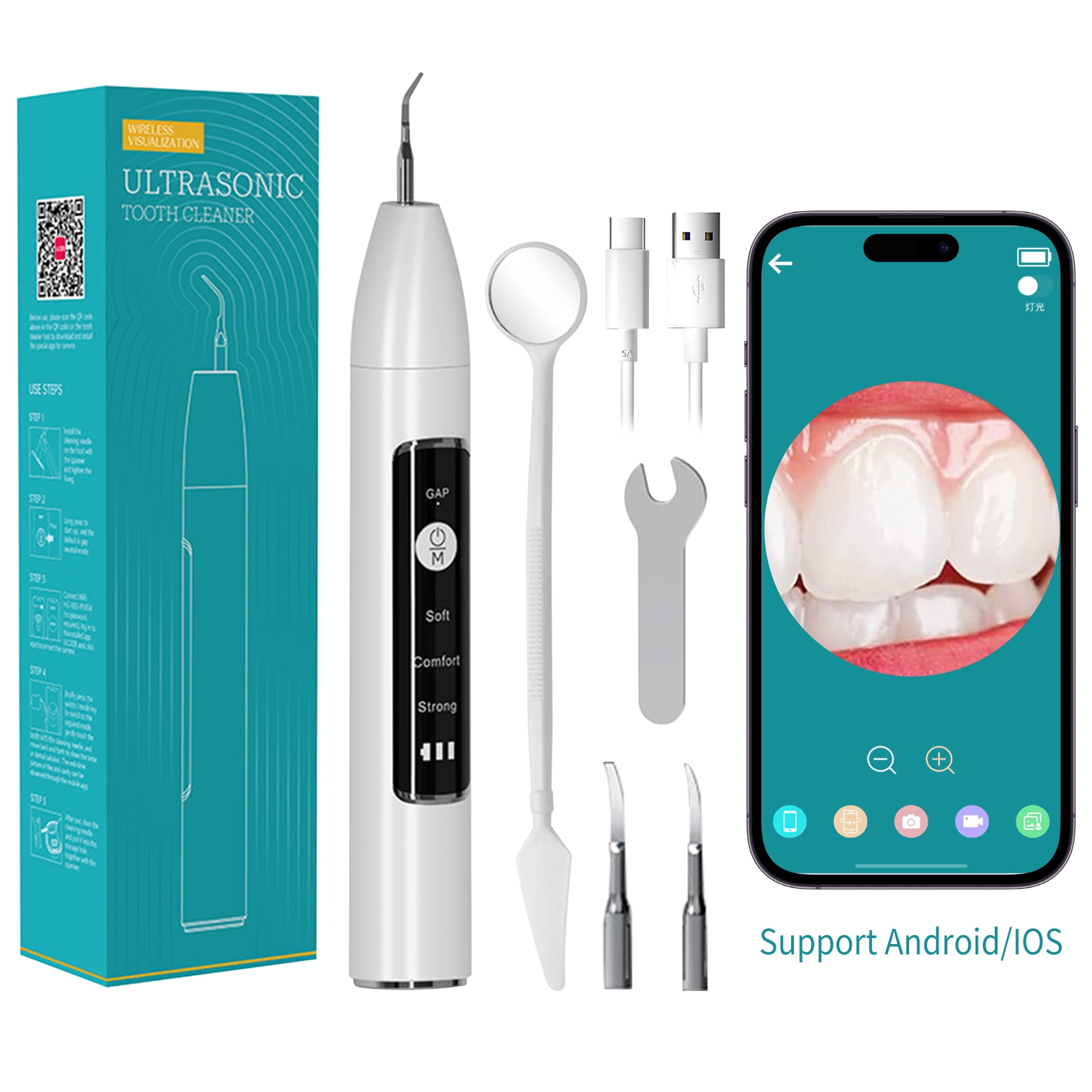 GKcity Ultrasonic Teeth Cleaner Kit with LED, 3 Modes, 2 Heads for