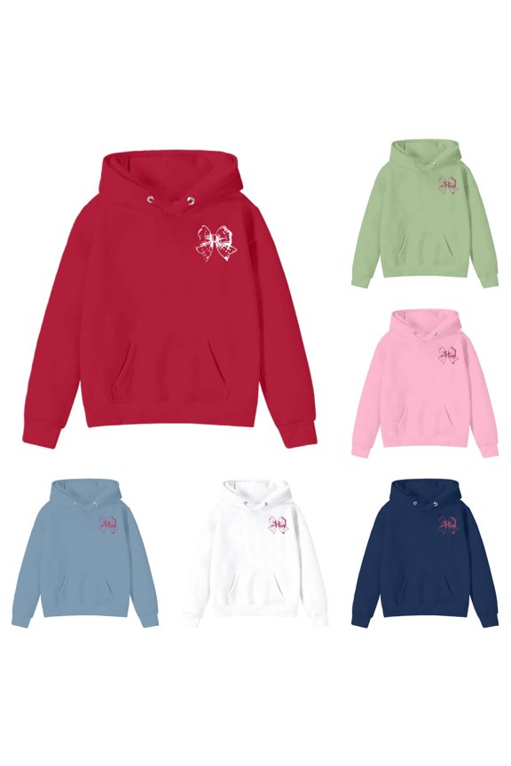 GKrdevn Girls Pullover Hoodie Chest Distressed Bow Graphic Print Solid Sweatshirt with Front Kangaroo Pocket Warm Fall Winter Casual Tops Red,10-11 Years
