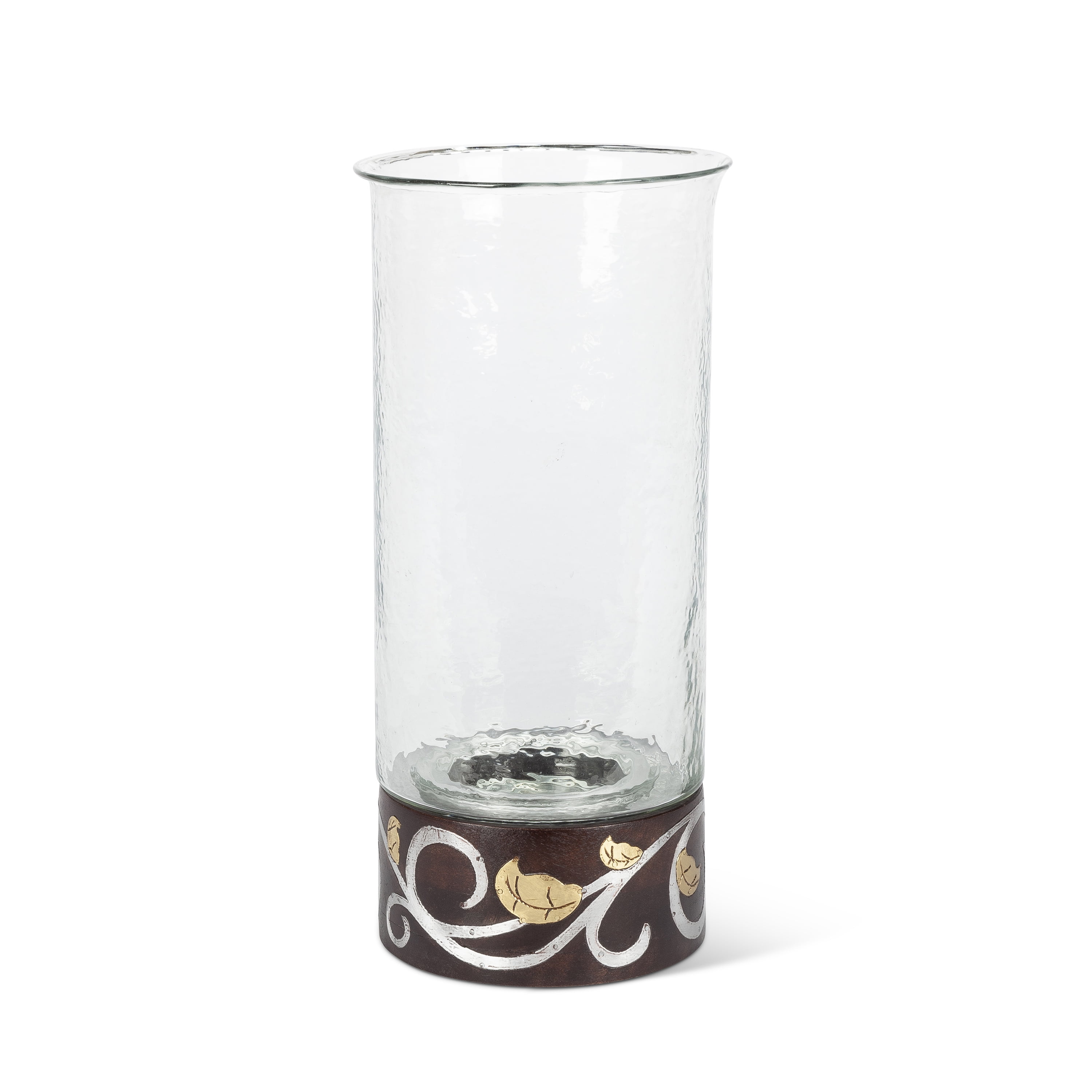 Gold Leaf 16" Mango Wood Inlay Hurricane Candleholder