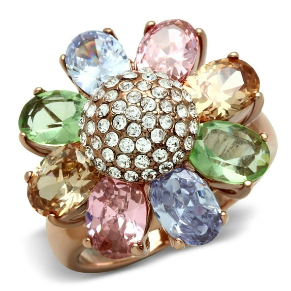 IP Rose Gold(Ion Plating) Brass Ring with AAA Grade CZ in Multi Color for Women Style GL224