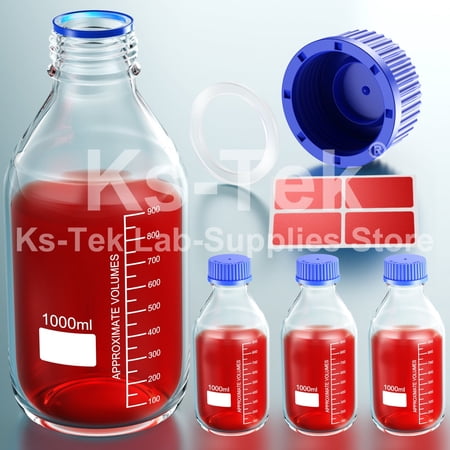 GL45 Reagent Bottle 1000ML Liquid Media Extractor Vial Laboratory Borosilicate Glass Solvent Storage Bottle Blue Screw Cap High Temperature Resistant Transparent Screw Mouth 4PCS