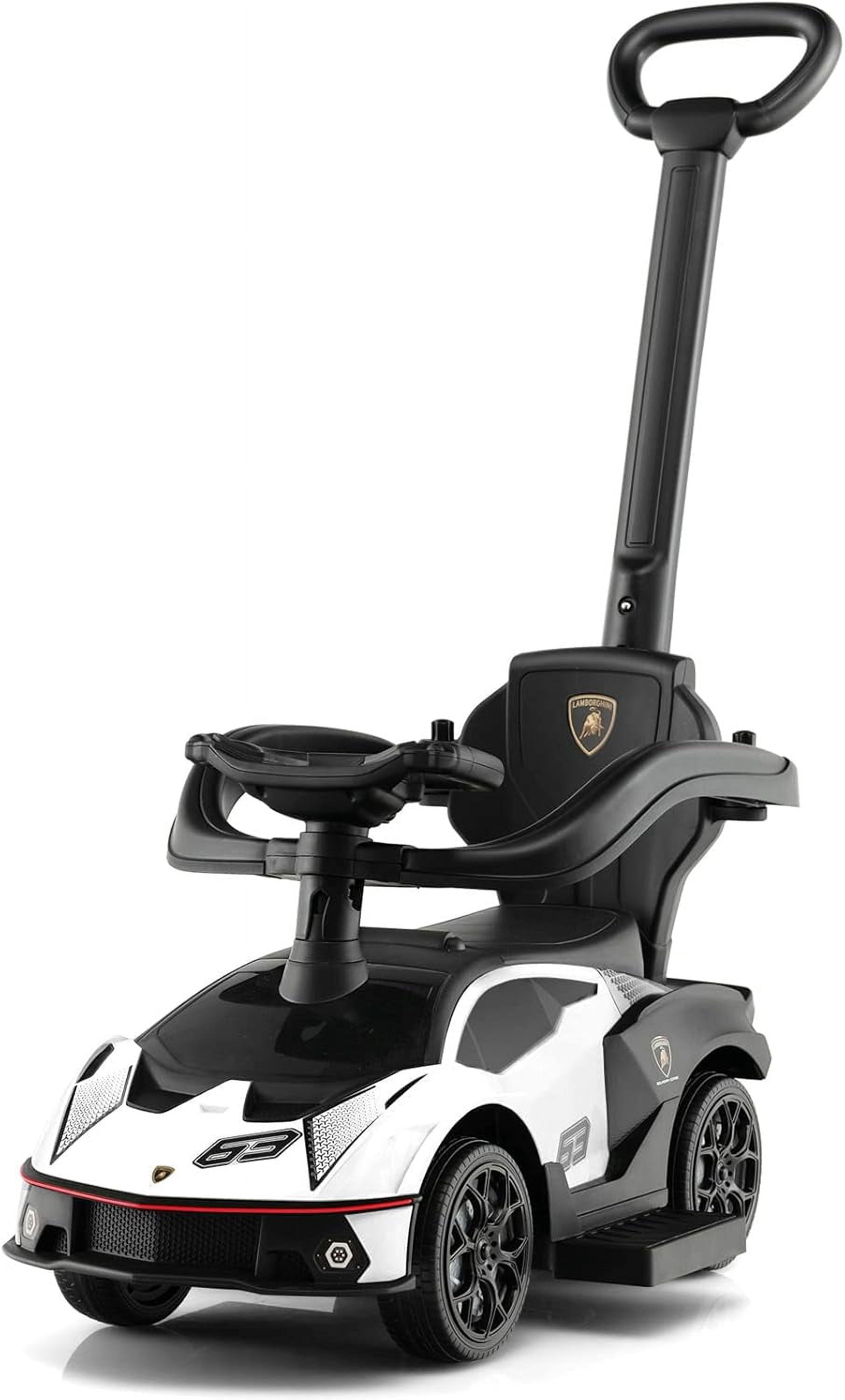 GLACER 3-in-1 Licensed Lamborghini Ride on Push Car, Kid’s Toy Stroller w/Push Handle, Armrest Guardrail, Under Seat Storage, Horn, Extendable Footrest, Sliding Walker for Boys & Girls (White)