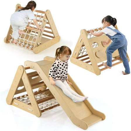 GLACER 4-in-1 Climbing Triangle w/Ramp, Climbing Toy Set with Rope Wall, Climbing Rock & Climbing Ladder, Fun Slide, Indoor & Outdoor Fun Triangle Climber for Kids Room, Play Room, Daycare (Natural)