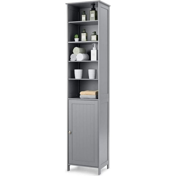 GLACER 72” Tall Storage Cabinet, Bathroom Floor Cabinet with Adjustable Shelves, Space Saving Narrow Storage Cabinet with Open Compartment & Storage Space with Door, 16 x 13.5 x 72 inches (Grey)