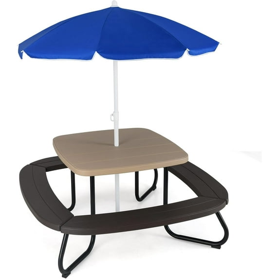 GLACER 8 Person Kids Picnic Table, Metal Frame Toddler Activity Table with Adjustable & Removable Umbrella, 4 Built-in Benches, HDPE Kids Outdoor Table for Backyard, Patio, Garden (Brown)