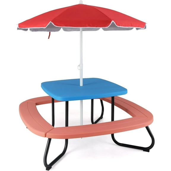 GLACER 8 Person Kids Picnic Table, Metal Frame Toddler Activity Table with Adjustable & Removable Umbrella, 4 Built-in Benches, HDPE Kids Outdoor Table for Backyard, Patio, Garden (Red)