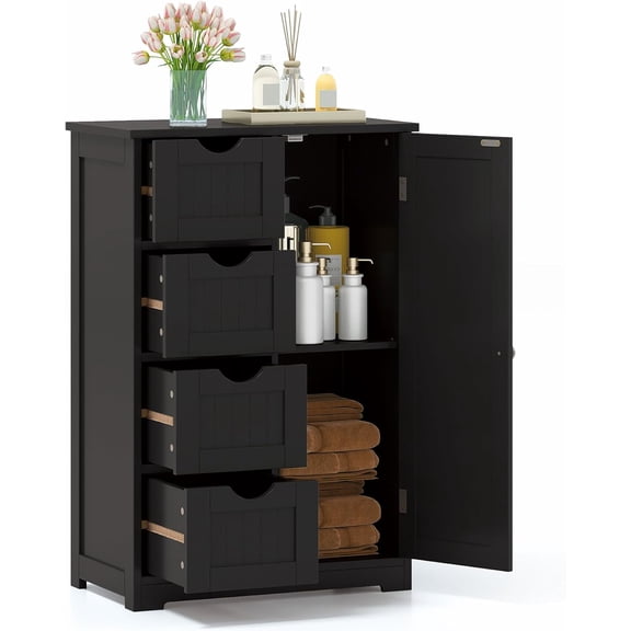 GLACER Bathroom Floor Cabinet, Multifunctional Storage Cabinet with 4 Drawers & 1 Door, Wooden Side Storage Organizer for Laundry Room, Living Room or Kitchen (Black)