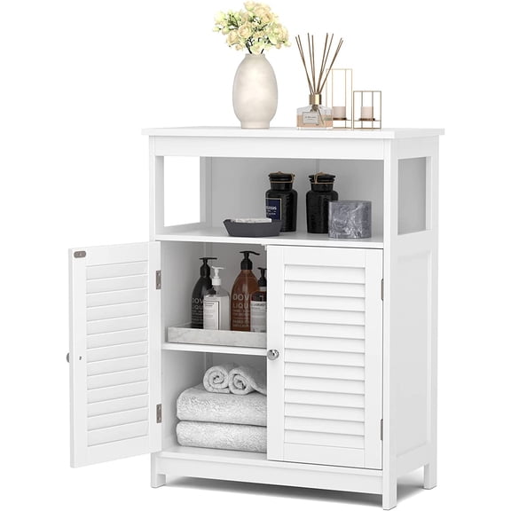 GLACER Bathroom Floor Cabinet, Wooden Storage Cabinet with Double Shutter Doors & 3-Position Adjustable Shelf, Side Storage Organizer, 23.5 x 12 x 31.5 inches (White)