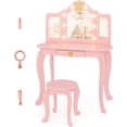 thumbnail image 1 of GLACER Girls Vanity Set with Mirror and Stool and Lights, 2 in 1 Wooden  Makeup Vanity Desk with 3 Lighting Modes & Storage Drawer, Kids Vanity Table and Chair Set (Pink), 1 of 9
