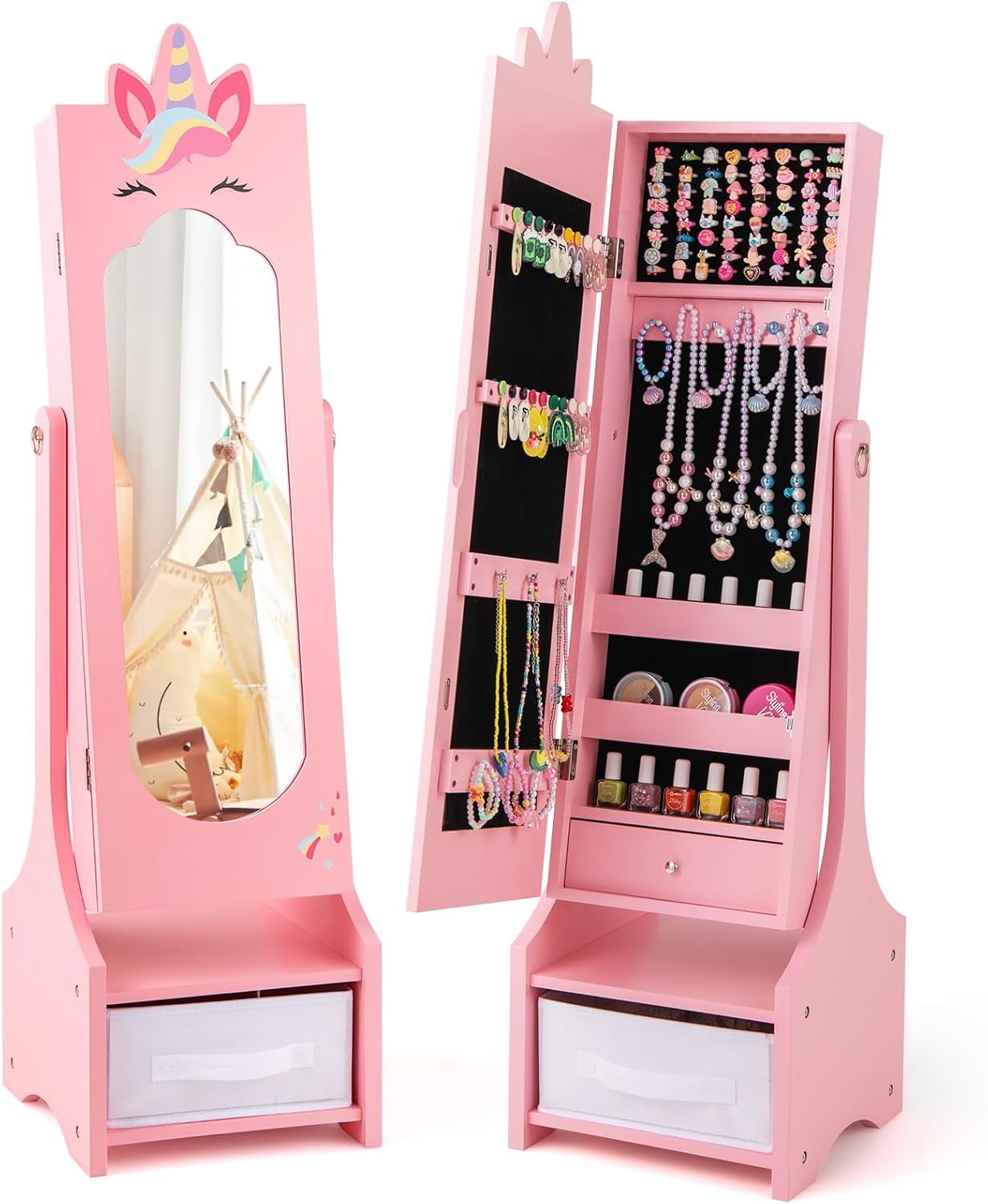 GLACER Kids Jewelry Armoire Cabinet with Full-Length Mirror, Standing