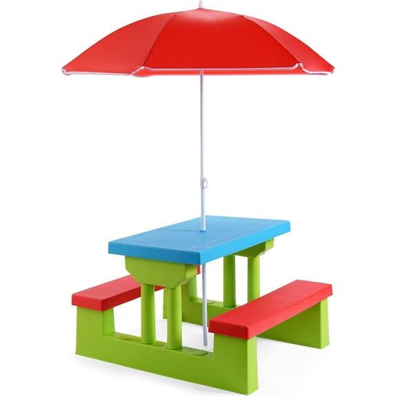 GLACER Kids Picnic Table, Portable Kids Outdoor Furniture w/Removable & Adjustable Umbrella, Plastic Set, Gift for Boys Girls 3+, Toddler Picnic Table for Patio, Backyard (Red)