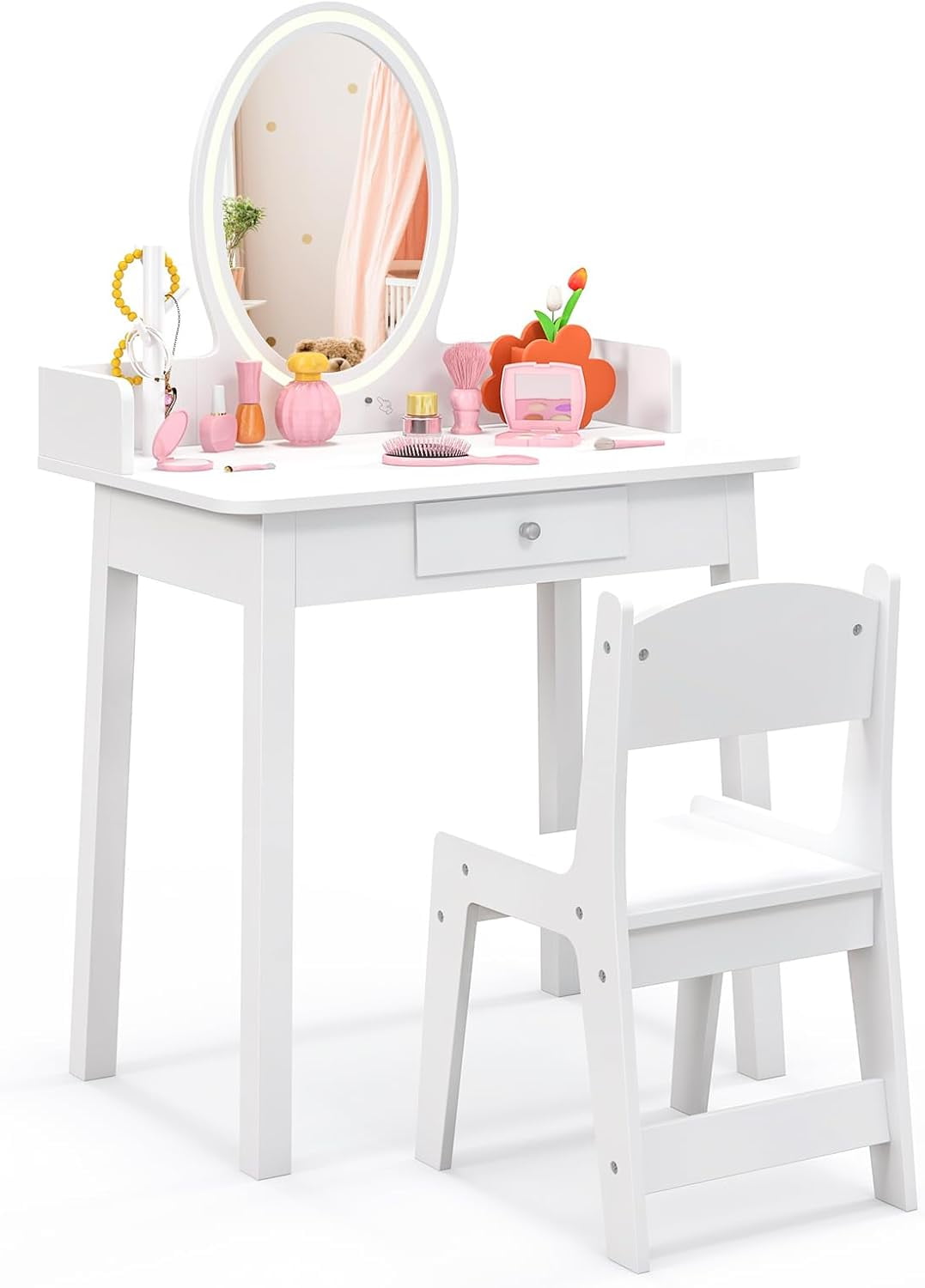 GLACER Kids Vanity Table & Chair Set - Pink Makeup Dressing Table With Removable Mirror & Drawers