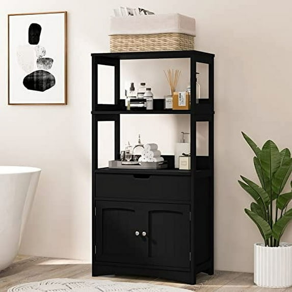GLACER Large Bathroom Floor Cabinet, Freestanding Multipurpose Storage Cabinet with Drawer, 2 Open Shelves and Cupboard, Excellent for Bathroom, Kitchen or Living Room, 24 x 13 x 48 inches (Black)