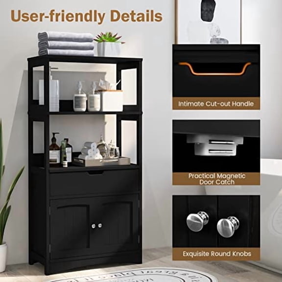 GLACER Large Bathroom Floor Cabinet, Freestanding Multipurpose Storage Cabinet with Drawer, 2 Open Shelves and Cupboard, Excellent for Bathroom, Kitchen or Living Room, 24 x 13 x 4