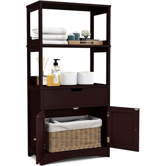 GLACER Large Bathroom Floor Cabinet, Freestanding Multipurpose Storage Cabinet with Drawer, 2 Open Shelves and Cupboard, Excellent for Bathroom, Kitchen or Living Room, 24 x 13 x 48 inches (Espresso)