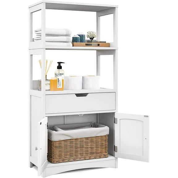 GLACER Large Bathroom Floor Cabinet, Freestanding Multipurpose Storage Cabinet with Drawer, 2 Open Shelves and Door Cupboard for Bathroom, Kitchen or Living Room, 24 x 13 x 48 inches (White)
