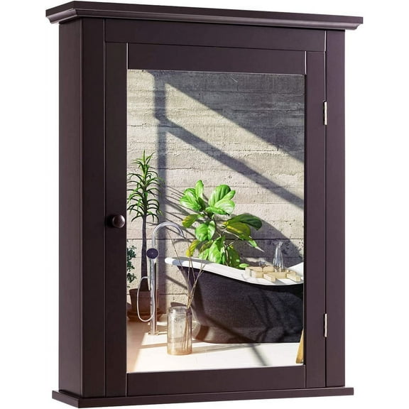 GLACER Bathroom Mirror Cabinet, Wall Mounted Storage Cabinet with Mirror Door and Adjustable Shelf, Mirrored Medicine Cabinet for Bathroom, Living Room, Cloakroom, 22 x 6 x 27.5 inches (Brown)