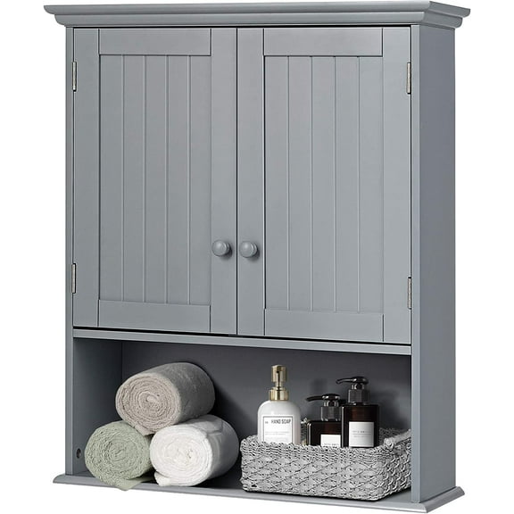 GLACER Wall Mounted Storage Cabinet, Bathroom Medicine Cabinet with Adjustable Shelf and Double Doors, Wall Cabinet for Bathroom, Living Room, Kitchen or Entryway, 23.5 x 8 x 28 inches (Grey)