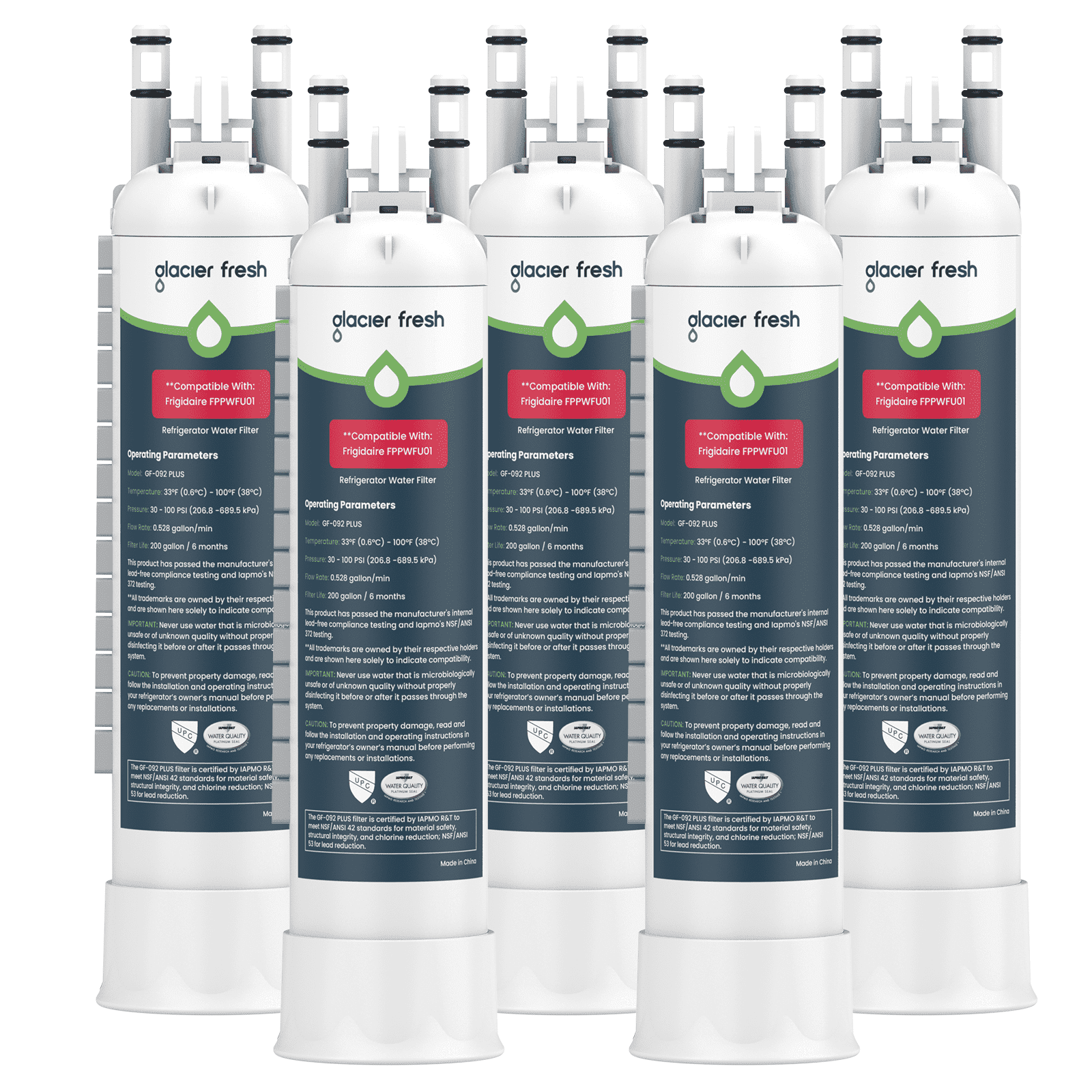 GLACIER FRESH FPPWFU01 Refrigerator Water Filter,NSF/ANSI 53 & 372 Certified,Replacement for Frigidaire PurePour FPPWFU01,Compatible with Electrolux EPPWFU01,PureAdvantage PWF-1, 5 Pack