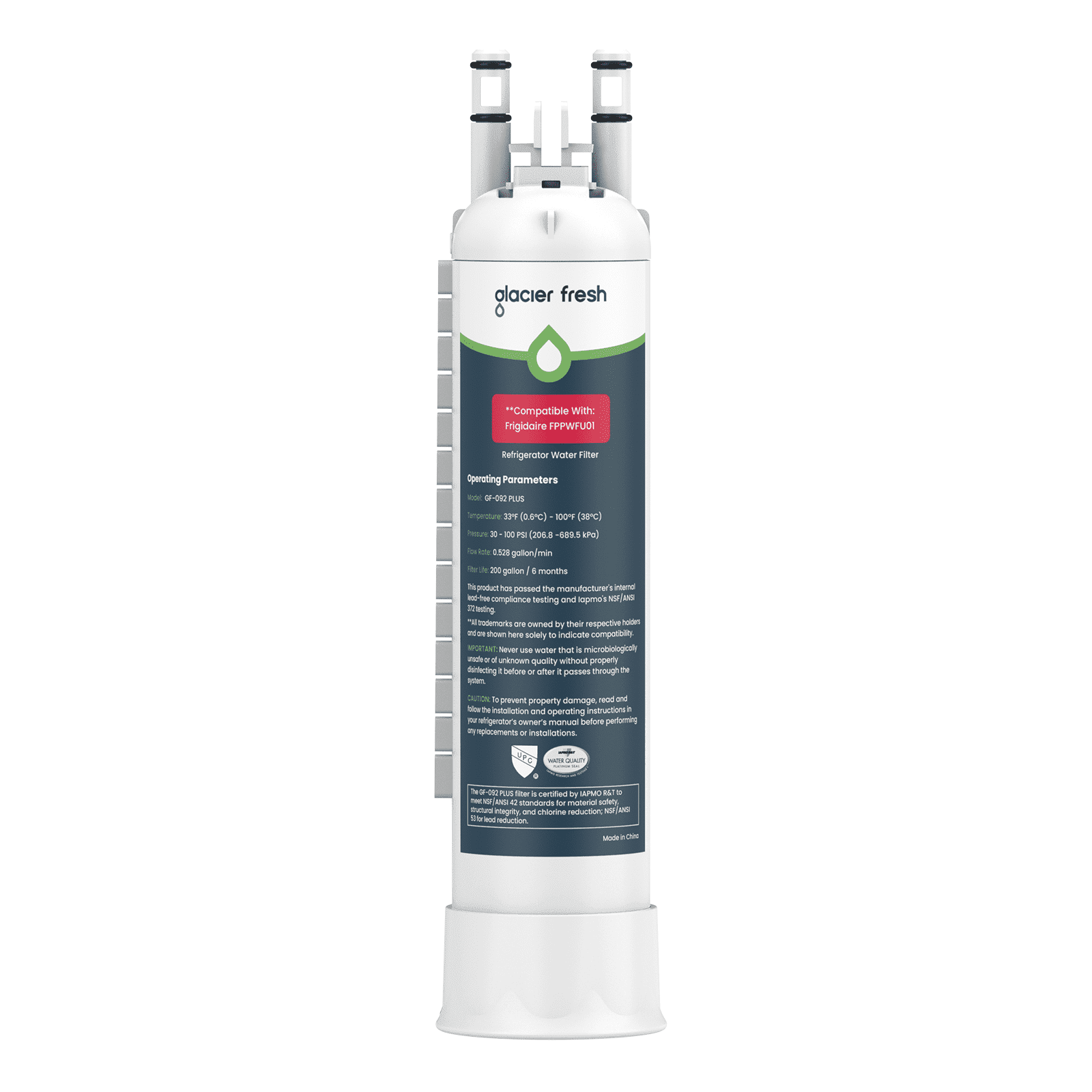 GLACIER FRESH FPPWFU01 Refrigerator Water Filter,NSF/ANSI 53 & 372 Certified,Replacement for Frigidaire PurePour FPPWFU01,Compatible with Electrolux EPPWFU01,PureAdvantage PWF-1, 1 Pack