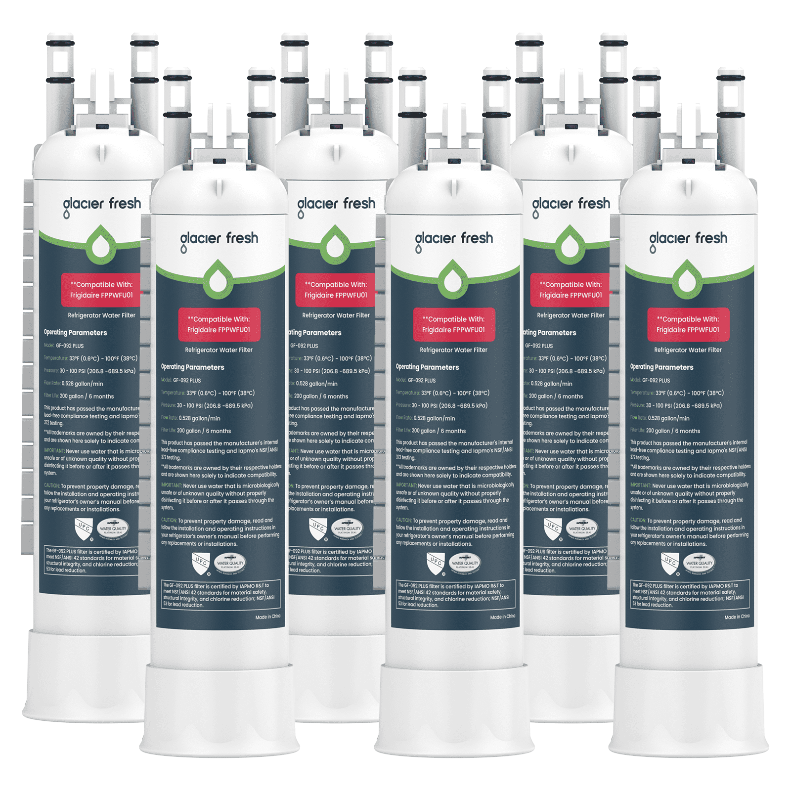 GLACIER FRESH FPPWFU01 Refrigerator Water Filter,NSF/ANSI 53 & 372 Certified,Replacement for Frigidaire PurePour FPPWFU01,Compatible with Electrolux EPPWFU01,PureAdvantage PWF-1, 6 Pack