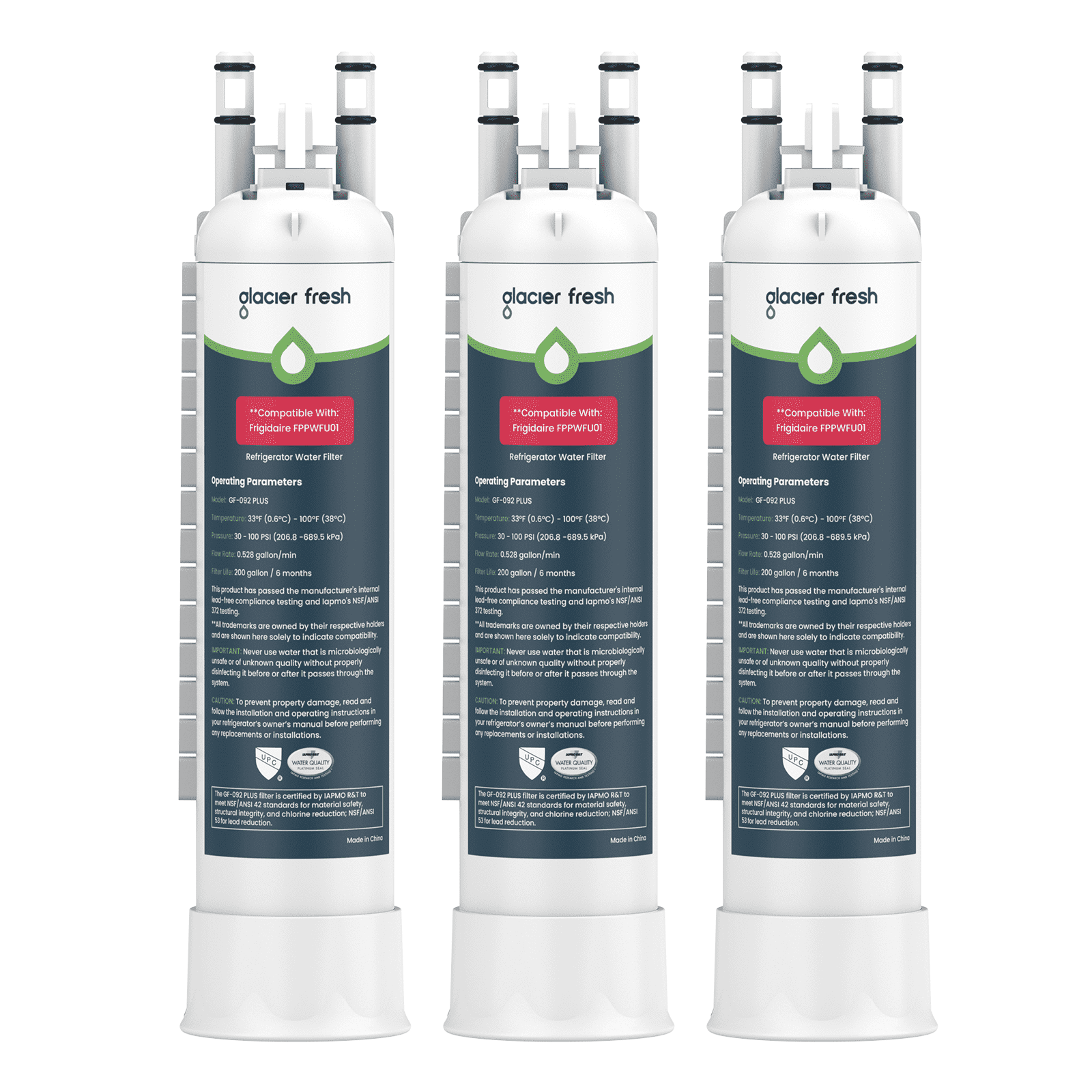 GLACIER FRESH FPPWFU01 Refrigerator Water Filter,NSF/ANSI 53 & 372 Certified,Replacement for Frigidaire PurePour FPPWFU01,Compatible with Electrolux EPPWFU01,PureAdvantage PWF-1, 3 Pack