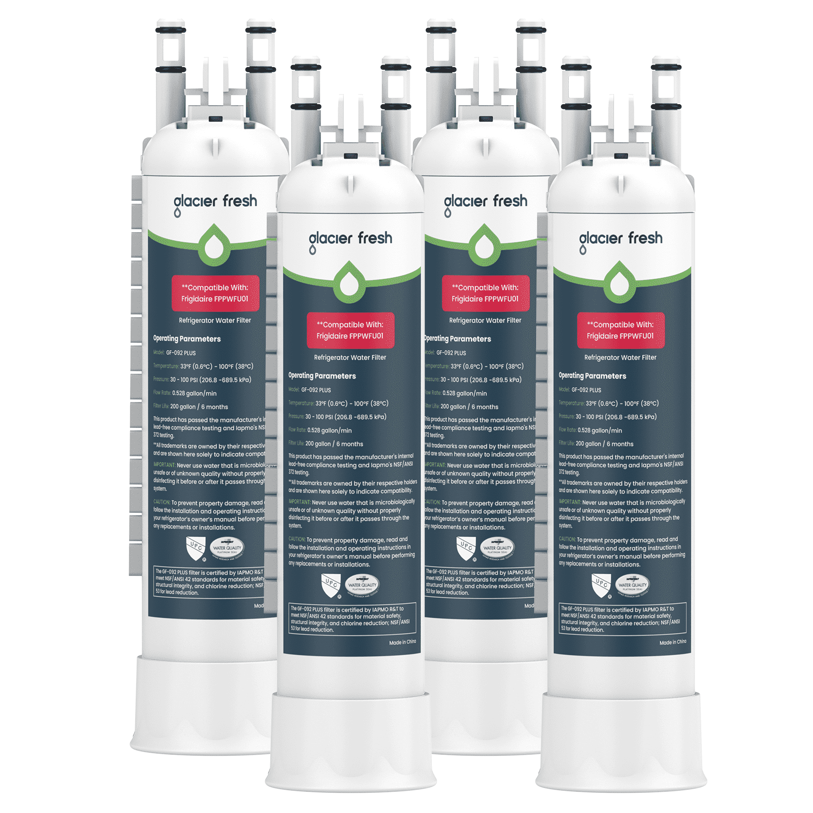 GLACIER FRESH FPPWFU01 Refrigerator Water Filter,NSF/ANSI 53 & 372 Certified,Replacement for Frigidaire PurePour FPPWFU01,Compatible with Electrolux EPPWFU01,PureAdvantage PWF-1, 4 Pack