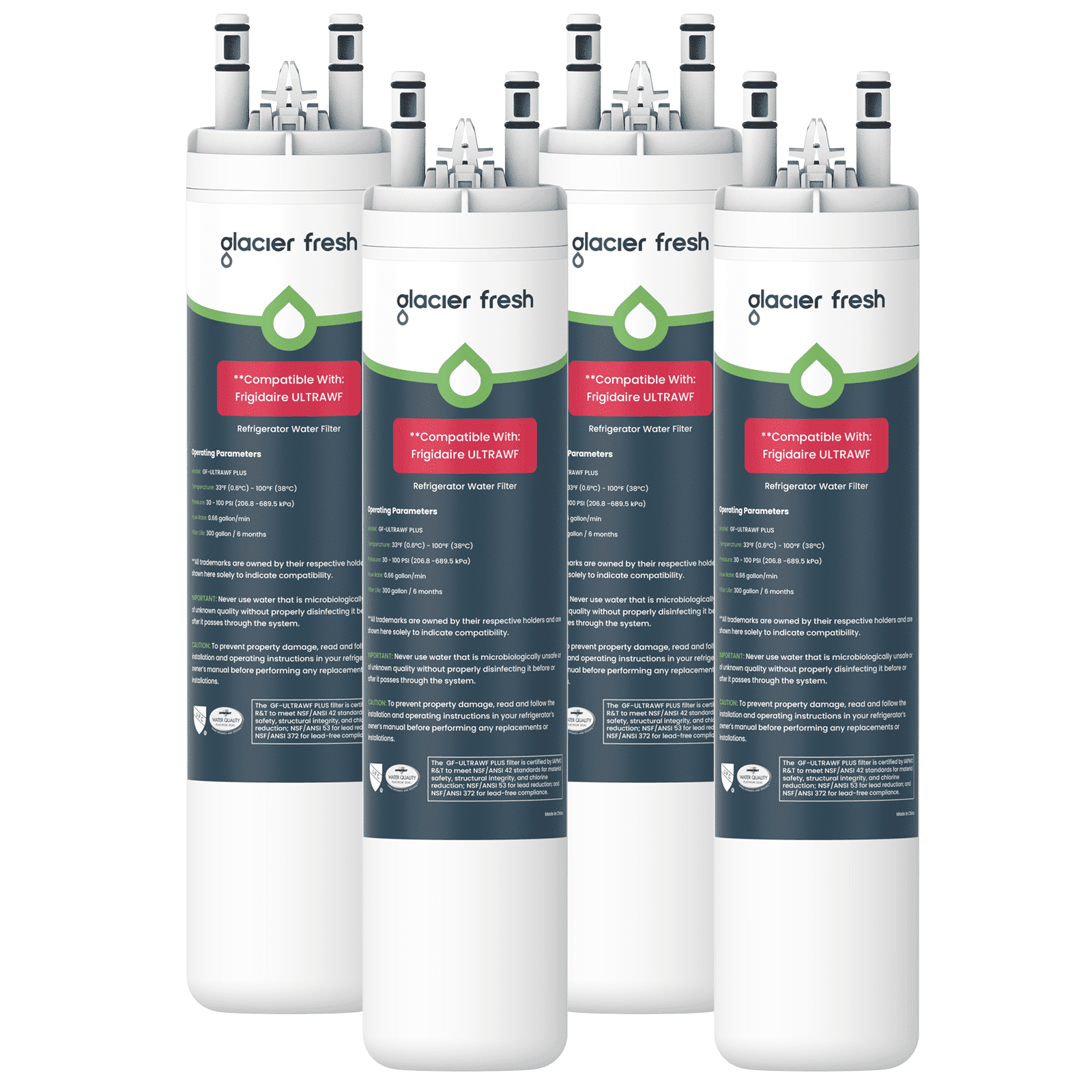 GLACIER FRESH ULTRAWF Refrigerator Water Filter, NSF/ANSI 53 & 372 Certified, Compatible with Frigidaire Pure Source Ultra, Kenmore 9999, 469999, 46-9999, A0094E28261, 4 Pack