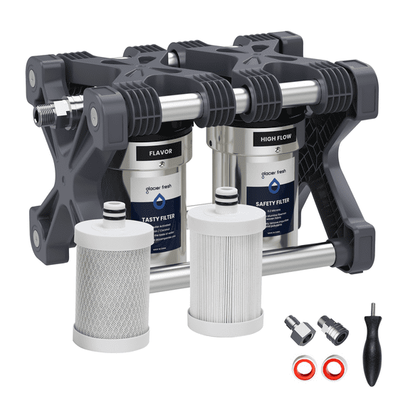 GLACIER FRESH Replacement for Technology RV Water Filtration System, 0.2 Micron Camper Water Filter with Compact 5 Inch Filter, 2-Stage Premium RV Water Filtration System for RVs, Campers and Boats