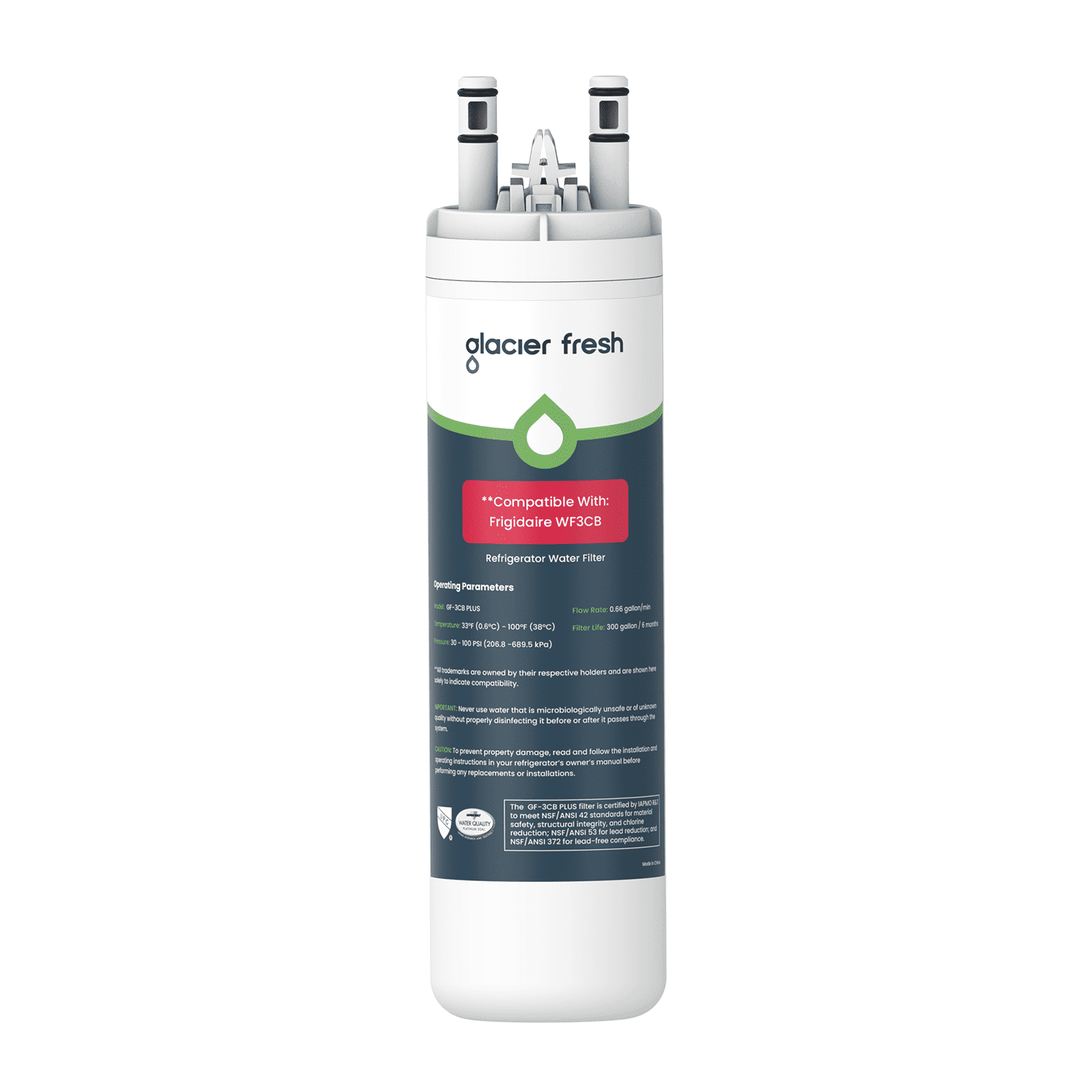 GLACIER FRESH WF3CB Refrigerator Water Filter, NSF/ANSI 53 & 372 Certified, Compatible with PureSource 3, WF425, 706465, PS3412266, AP4567491, 242017800, 1 Pack