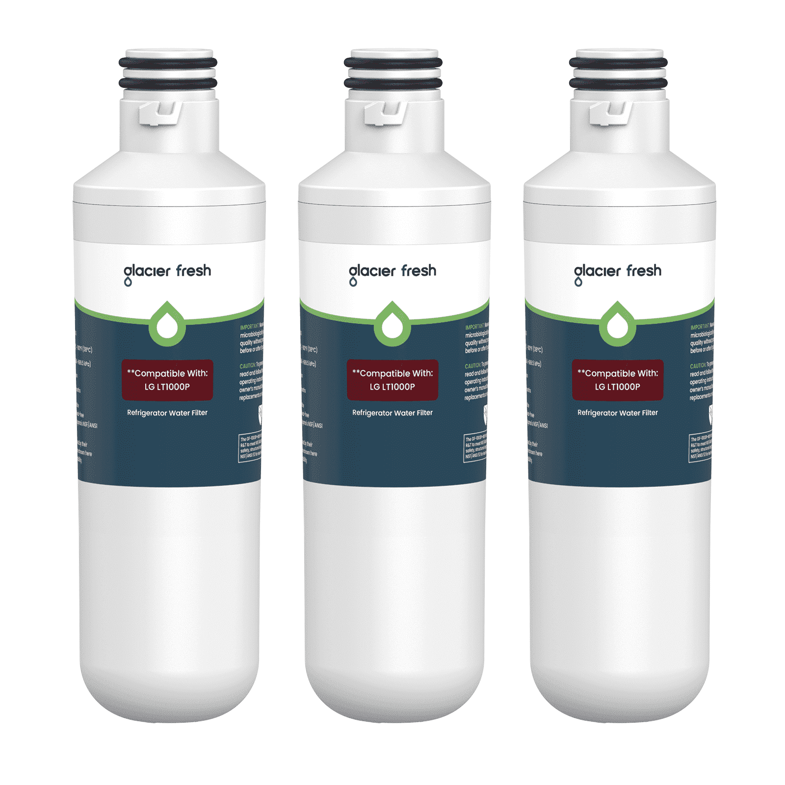 GLACIER FRESH LT1000PC Refrigerator Water Filter, NSF/ANSI 53 & 372 Certified, Compatible with MDJ64844601, ADQ747935, ADQ74793504, LG LT1000P, 3 Pack