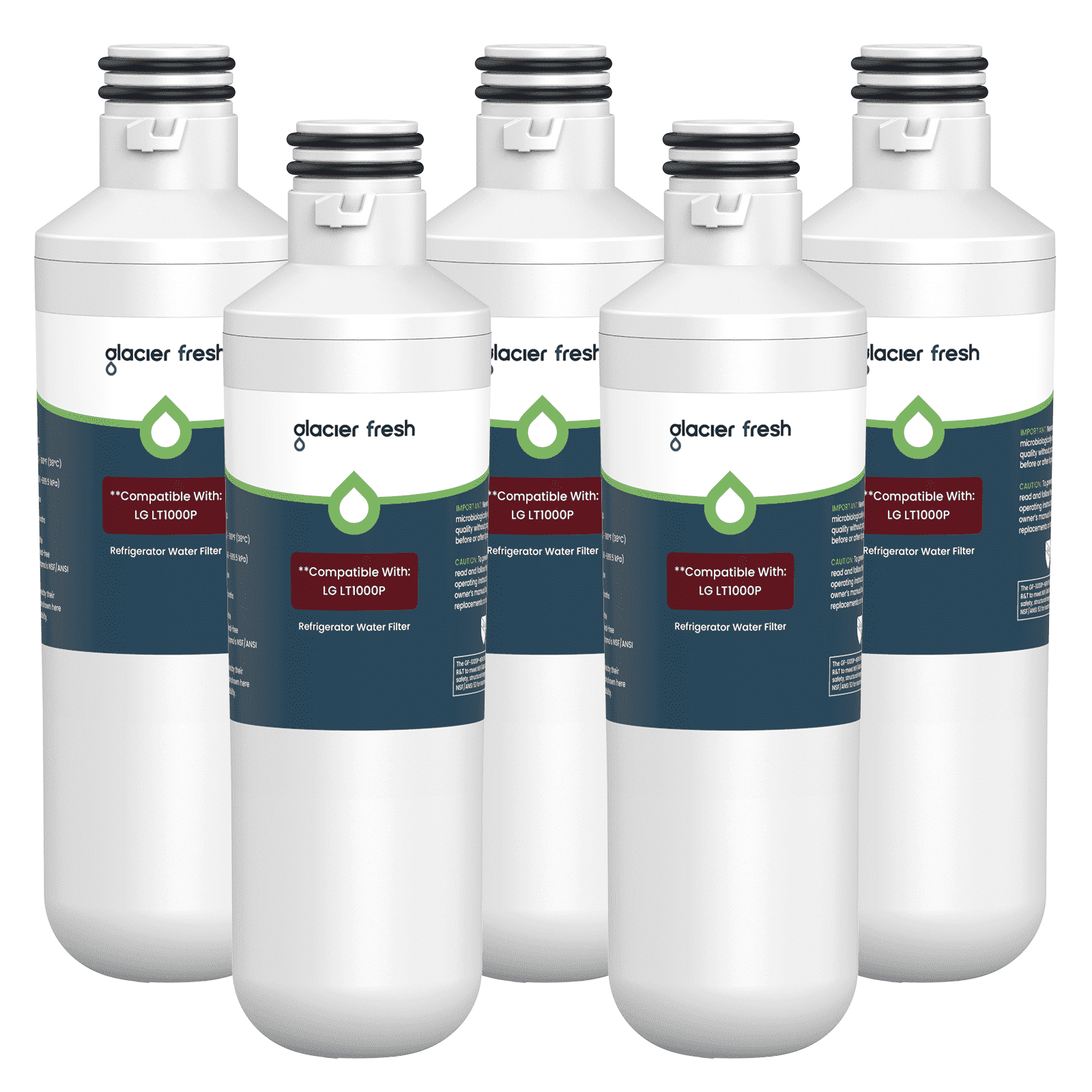 GLACIER FRESH LT1000PC Refrigerator Water Filter, NSF/ANSI 53 & 372 Certified, Compatible with MDJ64844601, ADQ747935, ADQ74793504, LG LT1000P, 5 Pack