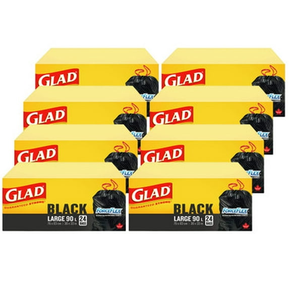 GLAD Black Garbage Bags, 90 Litres (23 Gallons), Drawstring, 24 Bags (8/Case) – Total 192 Bags